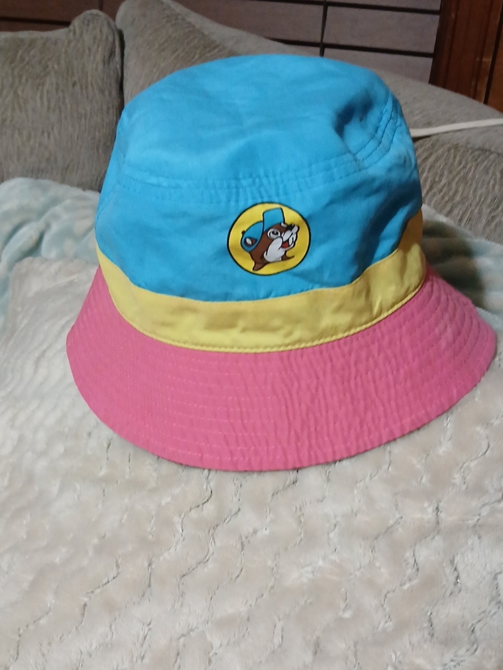 Kids Colorblock Bucket Hat with Cartoon Patch - Blue, Pink & Yellow